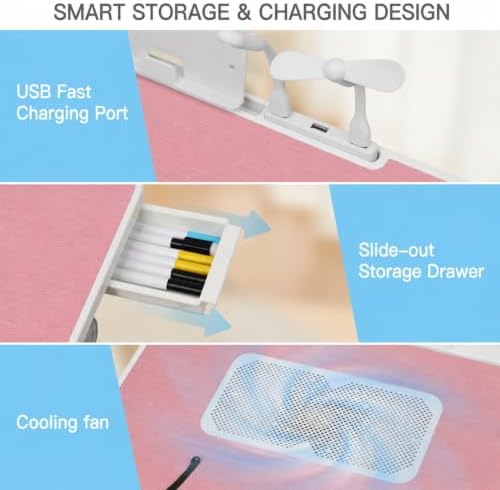 Lap Desk with Cooling Fan, LED Light and USB Port, Adjustable Laptop Desk with Storage Drawer, Foldable Laptop Table for Bed Sofa Work Study, Portable Computer Desk (Pink) - Image 6