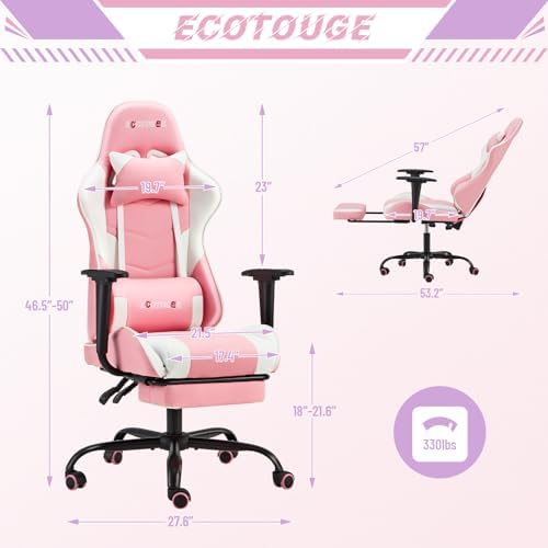 ECOTOUGE Pink-White Ergonomic PC Massage Gaming Chair | Reclining Racing PU Leather, Swivel Rocker, Headrest, Lumbar Pillow, Office Desk Chair, Adjustable Height, Sturdy Base - Image 3
