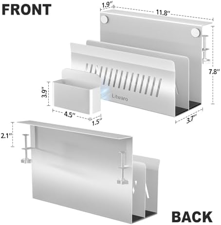 Litwaro Desk Side Storage Organizer, 2 Tier Under Desk Laptop Holder No Drill, Laptop Mount with Magnetic Pen Holder, Hanging Desk Organizer Fits Flat Edge Desks 0.4" to 2.1" (White) - Image 2