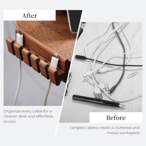 Walnut Wood Cord Holder – 5 Slots Cable Organizer with Adhesive Tape, Desk Wire Management for USB, Charging, HDMI, and Type-C Cables (5 Slot) - Image 6