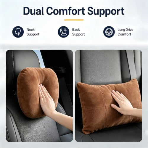 2 PCS Car Pillow for Driving Seat Soft Suede Headrest Neck & Lumbar Support | Universal Fit,Pain Fatigue Relief,Comfortable Plush,Elastic Adjustable Strap,Travel Sleep,Breathable Machine Washable Cover - Image 2