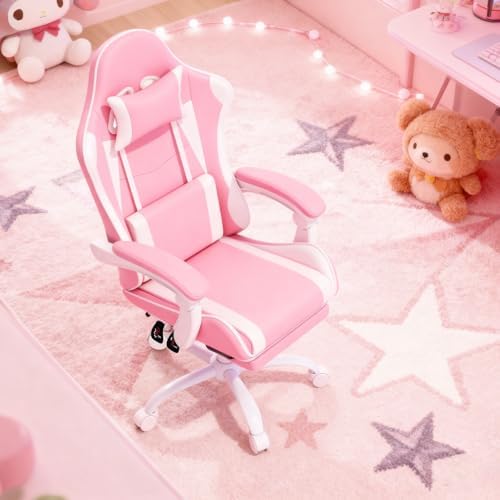 Magshion Video Gaming Computer Chair with Footrest, Pink/White | Ergonomic, Lumbar Support, Adjustable Height, Racing Style, High Back Recliner, Comfy Leather, Swivel Seat, for Home Office - Image 2