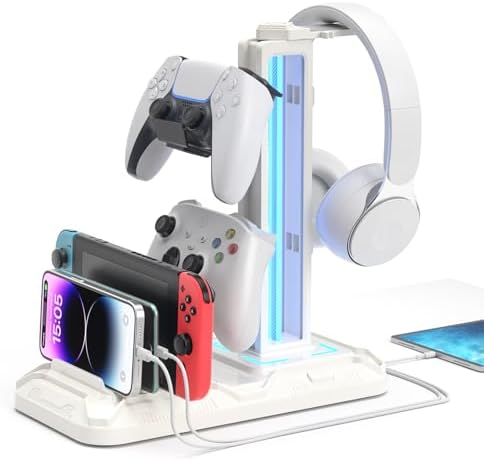 KDD Headset Stand with Charging Station - Detachable Controller Holder with 9 Light Modes - Rotatable Headphone Hanger with USB A&C Charger Ports - Earphone Hook for PC Gaming Accessories Storage by KDD