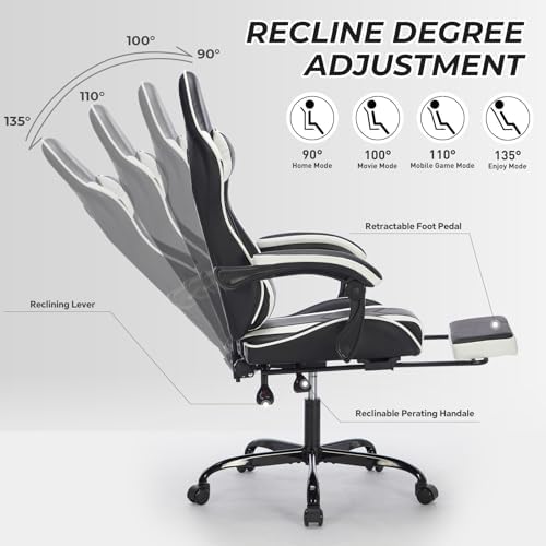 Leather Ergonomic Gaming Chair with Footrest, Comfy Massage Gaming Chair with Comfortable Headrest & Lumbar Support for Adults Kids Women Men Boys, 300 LBS Capacity (Black+White) - Image 5