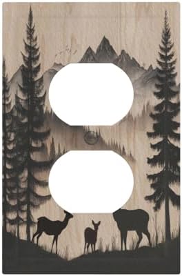 Outlet Covers Rustic Black Deer Elk Brown Wood Board Pine Tree Decorative 1 Gang Duplex Light Switch Cover Plate Single Electrical Receptacle Wall Plate Plug Switchplate Faceplate Decor by JOOJIAO