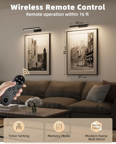 EZVALO Picture Light for Wall, 16'' Black Rechargeable 4800mAh Black Lights Wireless Remote, Dimmable Magnetic LED Art Painting Light with 3 Color Temperatures, Display for Gallery, Living Room(2P) - Image 5