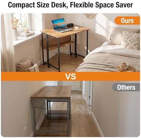 Mobile Foldable Computer Desk with Lockable Wheels & Fixed Foot Pads,Space Saving Folding Writing Gaming Table with Storage Shelf,Laptop Desk for Bedroom Small Apartment Office - Image 5