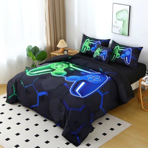 Gaming Twin Bedding Sets for Boys, Green and Blue Gamer Kids Comforter Set, 6 Pieces Game Console Bedding Comforter Sheet Set (Green Blue, Twin) - Image 2