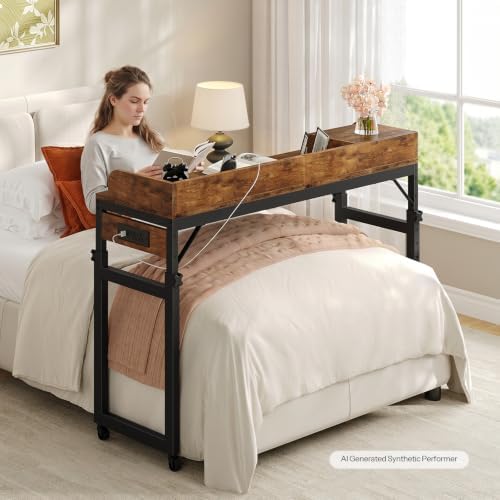 HOOBRO Overbed Table with Wheels, Rolling Table with Outlets & Light Strip for Twin Bed, Mobile Bed Desk & Drawer and Adjustable Height, Giant Computer Desk for Living Room, Rustic Brown BF125UDDN01 - Image 5
