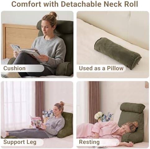 Reading Pillow for Bed with Detachable Neck Roll and Shredded Memory Foam, Back Pillow with Arms for Sitting Up, Washable Bed Rest Pillow with Side Pocket for Gaming, Sofa, Dorm - Green - Image 7