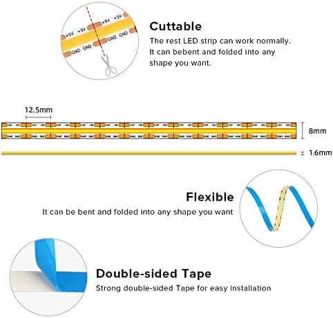 BTF-LIGHTING 5V USB COB LED Strip Lights 3.28FT Warm White 3000K - Image 6