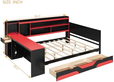 Merax Queen Size Gaming Daybed with Integrated Desk and Lights, Wooden Platform Bed Frame with 3 Storage Drawers and Built-in Charging Station, Multi-Functional Headboard Shelves, No Box Spring Needed - Image 2