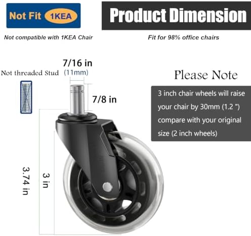 Office Chair Caster Wheels Replacement 3 Inch Roller Blade, Set of 5 | Heavy Duty Quiet No Scratch Rubber Gaming Chair Wheel for Hardwood Floor Carpet, 11mm Universal Fit/Not Fit 1KEA - Image 3
