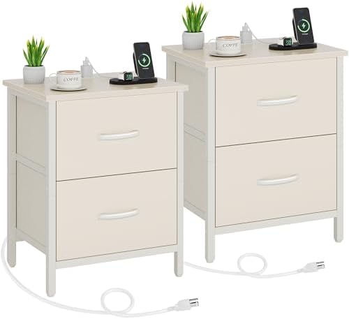 Vagusicc Nightstand Set of 2 with Charging Station, End Table Bedside Table with Power Outlet & USB Ports, Side Table with 2 Fabric Drawers for Bedroom, Living Room, Beige by Vagusicc