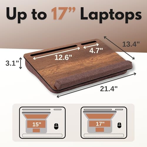 Vigo Wood Laptop Lap Desk with Cushion for Bed, Portable Home Office Tray Fits up to 17.3 Inch, Built-in Phone and Tablet Holder (Walnut & Brown) - Image 2
