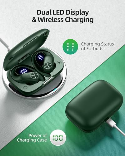 PocBuds Bluetooth Headphones Wireless Earbuds 80hrs Playtime Wireless Charging Case Digital Display Sports Ear Buds with Earhook Deep Bass IPX7 Waterproof Over-Ear Earphones for TV Phone Laptop Olive - Image 3