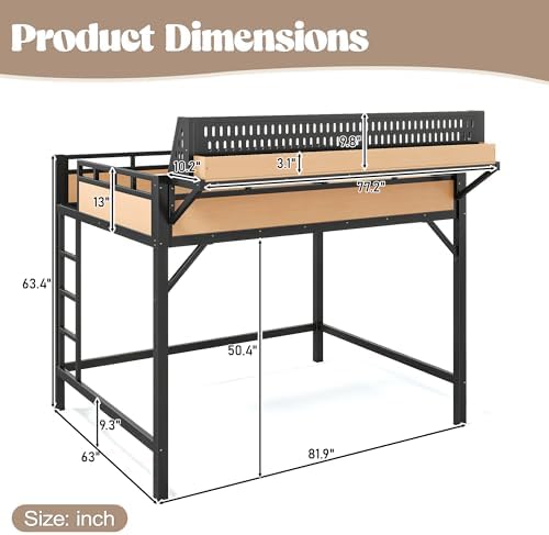 KEIKI Queen Metal Loft Bed with Shelves, Pegboard, USB Ports and LED Lights - Image 2