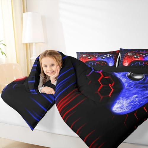 Erosebridal Ombre Art Honeycomb Gaming Consoles Bedding Set Red Blue Neon Lights Game Consoles Toddler Bedding Sets for Boys Geometry Hexagon Beehive Duvet Insert Gamer Room Decor for Boys - Image 4