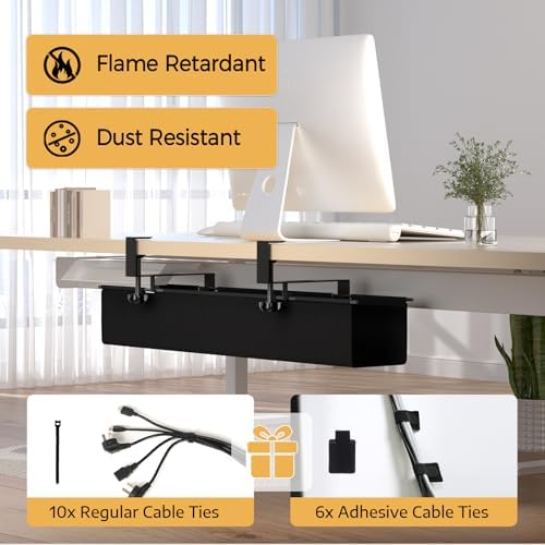 Under Desk Cable Management Tray 27.2" - No Drill Computer Wire Organizer Cable Tray, Cord Hider Clamp Mount with 16X Cable Ties PC Cables Management Cord Holder for Office/Home (Upgrade Fabric,Black) - Image 2
