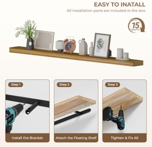 60 inch Long Floating Shelves for Wall,Solid Wood Long Shelves Set of 1,Brown Rustic Mounted Shelves for Bathroom Bedroom Home Office (Brown, 60 Inch) - Image 7