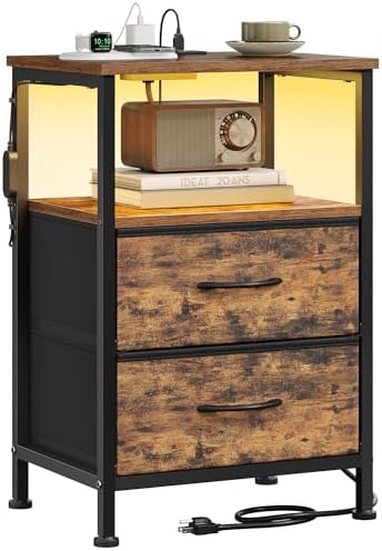 SONGMICS Nightstand with Charging Station, 2 Fabric Drawers by Unknown