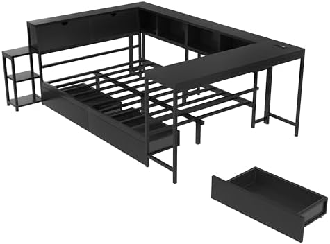 Bellemave Queen Size Corner Bed Frame with Storage Drawers, Bookcase and Side Desk, Queen Corner Bed with Light and Charging Station, Daybed for Bedroom, Living Room, Guest Room Black - Image 5
