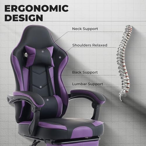 Gaming Desk Chair for Adults, Ergonomic Gaming Chair (Purple+Black) | with Footrest & Headrest and Lumbar Support, Leather Material Height Adjustable computer Video Game Chairs - Image 4