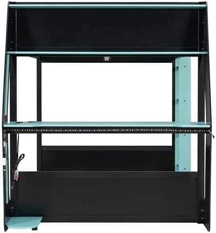 Merax Full Over Full Gaming Bunk Bed Frame with Side-Mounted Oversized Desk, USB Charging Ports & Cable Grommet & Light, Cool Design Heavy-Duty Esports Loft Bed Frame, Blue - Image 4