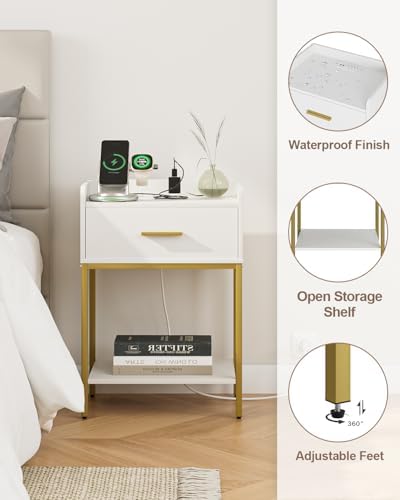Masupu Nightstand with Charging Station,3-Tier Modern Bedside Night Stand with Storage Drawer and Shelf,Small End Side Table for Bedroom,Living Room,White - Image 7