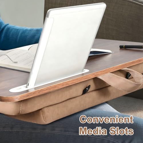 Wooden Lap Desk with Handle, Natural Wood Grain Finish, Portable Laptop Table with pohone Slots - Image 3