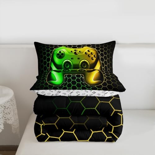 Feelyou Gamer Comforter Set for Boys Teens Gaming Bedding Set Video Game Contoller Home Decor for Kids Honeycomb Comforter,Yellow Green Queen Size 3 Pieces 2 Pillowcases Boys - Image 3