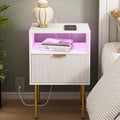 Modern Nightstand with Charging Station and LED Lights, White Bedside Table with Drawer, Fluted Side Table for Living Room, Bedroom by JOONEE