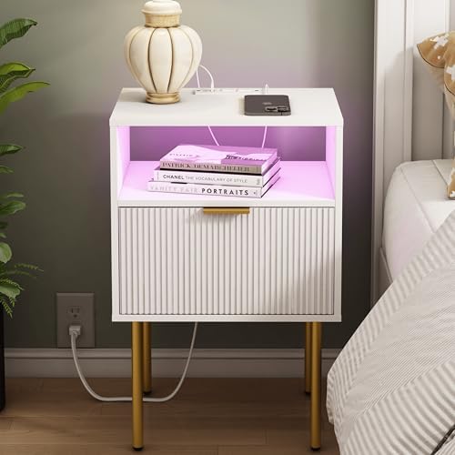 Modern Nightstand with Charging Station and LED Lights, White Bedside Table with Drawer, Fluted Side Table for Living Room, Bedroom by JOONEE