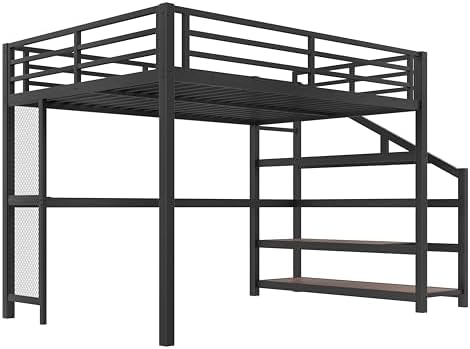 Queen Size Loft Bed with Desk and Storage Stairs, Metal Loft Bed Frame with LED Lights, Charging Station, and Multi-function Iron Nets, Loftbed for Kids, Teens, Adults, Noise-free, Black and Wood - Image 6