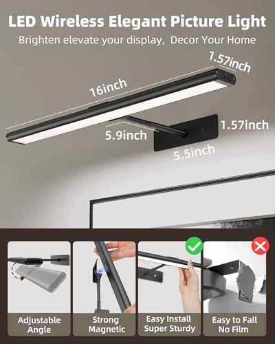 EZVALO Picture Light for Wall, 16'' Black Rechargeable 4800mAh Black Lights Wireless Remote, Dimmable Magnetic LED Art Painting Light with 3 Color Temperatures, Display for Gallery, Living Room(2P) - Image 6