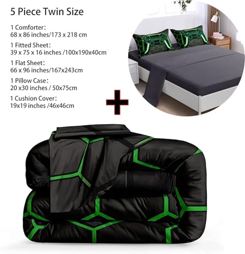 BDUCOK 5 Piece Gamer Comforter Sets Bed in A Bag for Boys Teen Kids,Honeycomb Gaming Bedding Sets Gamepad Comforter Microfiber Bed Set for All Season Gamer Home Decor(Green, 5 Piece Sets30021-Twin) - Image 2