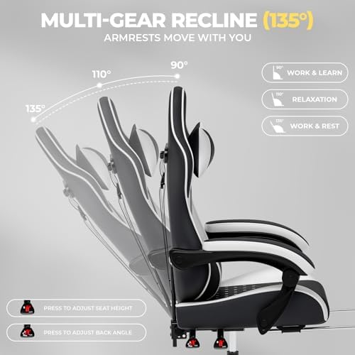 Black Ergonomic Video Gaming Chair | Massage Lumbar Support, 90°-135° Reclining with Footrest, Adjustable Height 360° Swivel PU Leather Office Chair for Adults - Image 4
