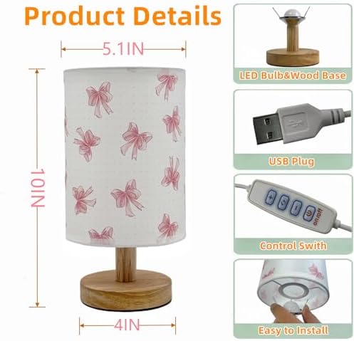Pink Bow Bedside Table Lamp for Bedroom,Kids Room Decorative Lights 3 Colors Dimmable Nightstand Night Light with Flaxen Fabric Shade Desk Lamp for Girls Boys Birthday Gifts for Home Living room Decor - Image 7
