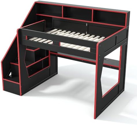 KEIKI Full Size Gaming Loft Bed with Storage Stairs, LED Lights & Desk - Image 4