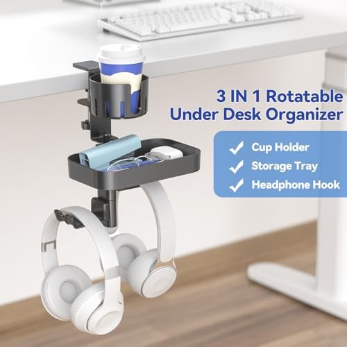 KDD Desk Cup Holder with 2 Headphone Hook - Rotating Pencil Holder & Detachable Drawer Tray - Clamp on Under Desk Headphone Holder Hidden Storage for Office School Home Accessories - Image 2