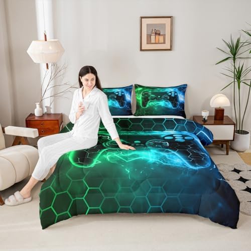 Feelyou Kids Boys Green Gamer Bedding Set Full Size, Honeycomb Gaming Comforter Set Lightning Gamepad Comforter Game Room Decor Duvet Set with 2 Pillow Case Room Quilt Set Bedding Collection - Image 5