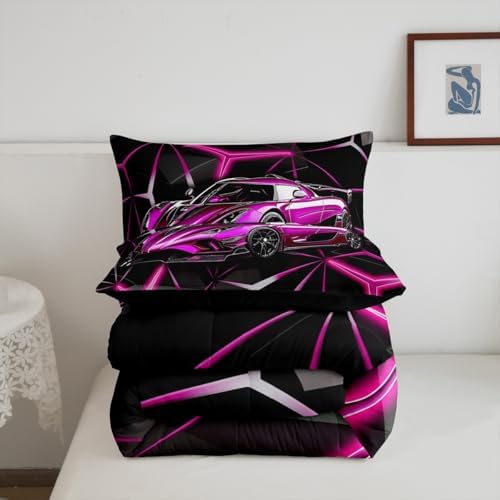 Feelyou Sports Car Comforter Set King Size, Rose Pink Racing Car Bedding Set 3Pcs for Kids Boys Teens Bedroom Decor, Geometric Print Quilt Set with 2 Pillowcase - Image 5