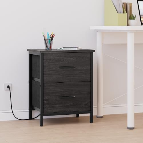 Vagusicc Nightstand Set of 2 with Charging Station, End Table Bedside Table with Power Outlet & USB Ports, Side Table with 2 Fabric Drawers for Bedroom, Living Room, Gray Walnut - Image 7