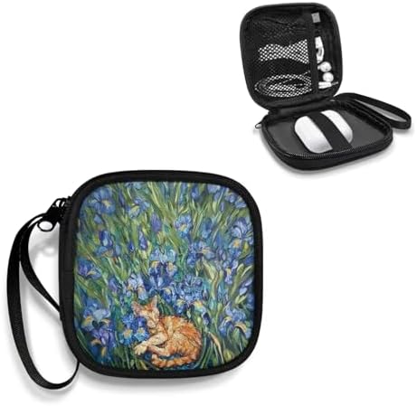 Blue Flower and Cat Portable Wireless Headphone Case, Earphone Storage Bag Carrying Case, Earbud Holder with Handle Headphone Bag Travel - Image 2