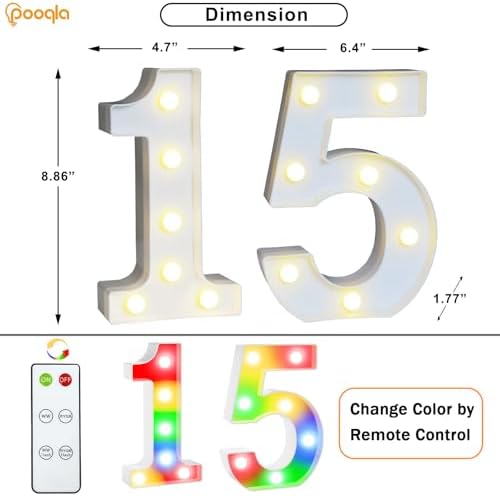 Pooqla 15th Birthday Decoration for Girls Boys, Decorative LED Light Up Numbers, Marquee Numbers 15 Sign for Party Backdrop 15th Wedding Anniversary Decor Gift, Warm White and Colorful Number 15 - Image 3