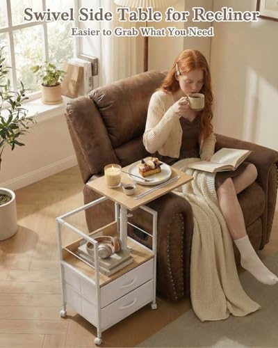 Faesun Swivel Lift Top Nightstand with Charging Station, Rolling Side Table for Recliner, Bedside Table with Wheels & 2 Fabric Drawers, for Small Spaces, for Bedroom, Living Room, Oak White - Image 5