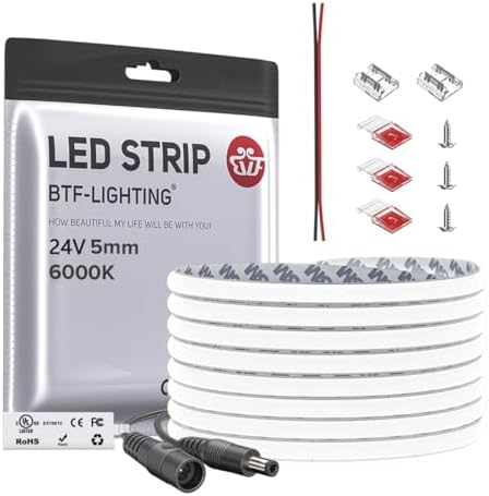 BTF-LIGHTING FCOB Thin 5mm Width COB LED Strip Light Cool White 6000K by BTF-LIGHTING