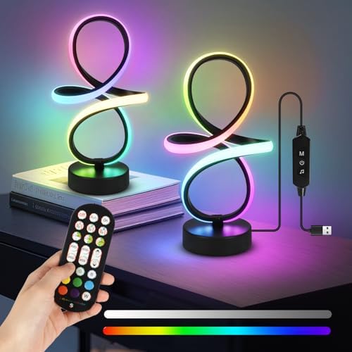EIDISUNY Modern RGB Table Lamps, Multicolor Changing Spiral Bedside Lamp with Remote&APP, Cool Table Lamp, Dimmable LED Nightstand Lamp with Music Rhythm Modes for Bedroom, Living Room, Black(2 Pack) by BuyNow%EF%BC%81
