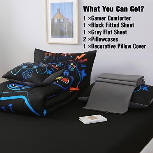 JQinHome Queen Gaming Comforter Sets for Boys,6 Piece Bed in A Bag 3D Video Game Bedding All Season Soft Microfiber Gamer Bedding Sets for Kids, Pillowcase, Flat Sheet, Fitted Sheet,Cushion Cover - Image 6