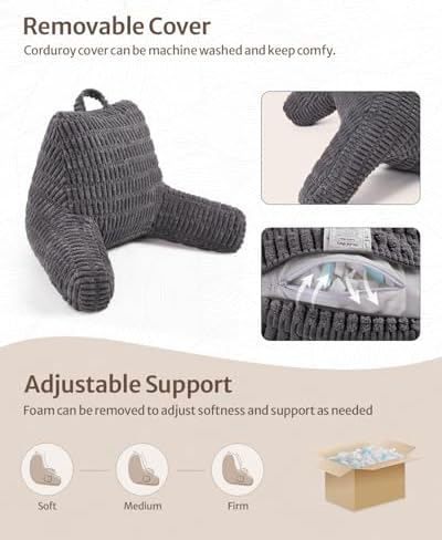Blissful Diary Reading Pillow, Large Backrest Pillow with Shredded Memory Foam for Adult & Children, Designed for Bed and Couch Sitting Up, Includes Arms, Pockets and Washable Cover, Dark Gray - Image 5